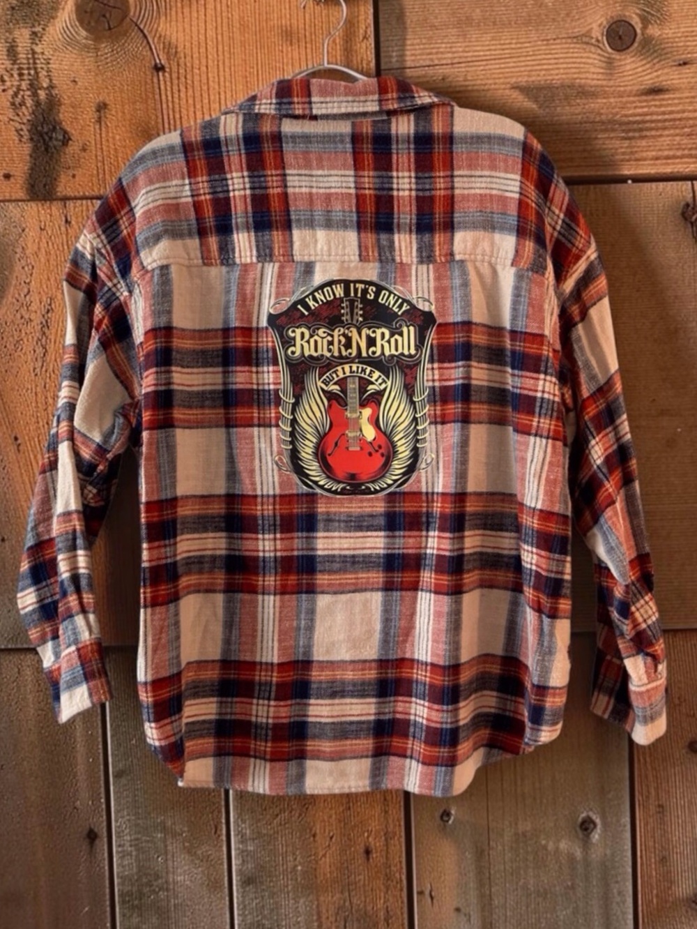 American Eagle XL Upcycled Plaid Rock N Roll Guitar Graphic Flannel